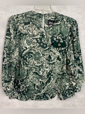 Whirlaway Frocks Top Women Sz  12 Green White Paisley Blouse Vtg Grannycore USA
